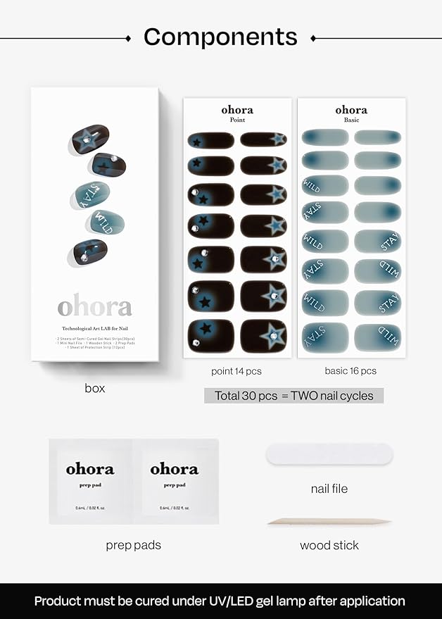 ohora Semi Cured Gel Nail Strips (N Stay Wild) - Works with Any Lamps, Salon-Quality, Long Lasting, Easy to Apply & Remove - Includes 2 Prep Pads, Nail File & Wooden Stick