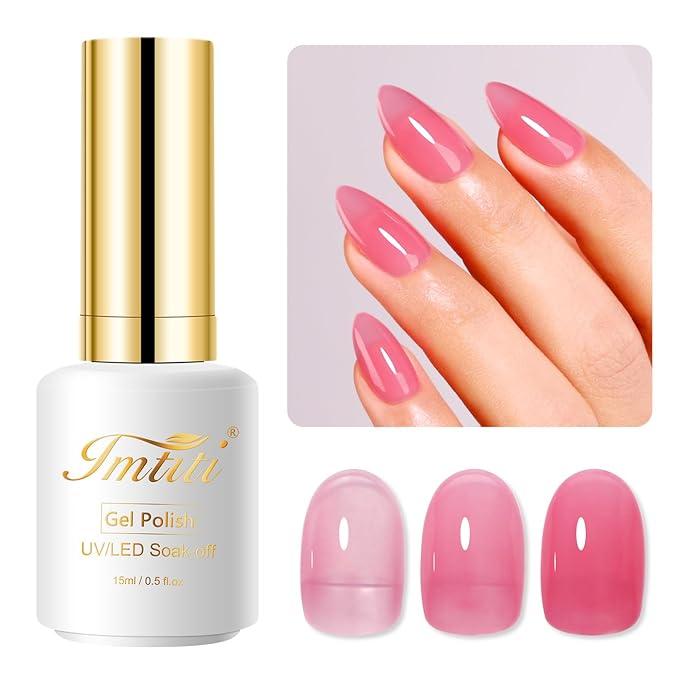 Imtiti Jelly Gel Nail Polish, 0.5 Fl Oz Rose Pink Sheer Jelly Gel Polish Soak Off LED UV Translucent DIY Nail Art Starter Manicure Salon