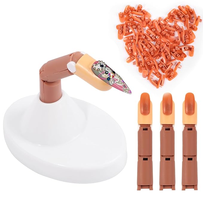 Practice Fingers for Acrylic Nails, Flexible Movable Fake Finger to Practice Fake Nails, 3PCS Adjustable Nail Finger Practice with 1PC White Acrylic Finger Base, 100PCS Brown Nail Tips With Box