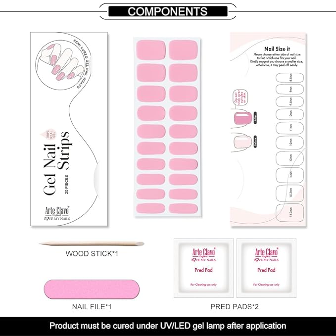 Arte Clavo Semi Cured Gel Nail Strips, 20 Pcs Gel Nail Stickers with UV Light Required, Salon Quality, Long Lasting, Easy Apply and Remove (Baby Pink)