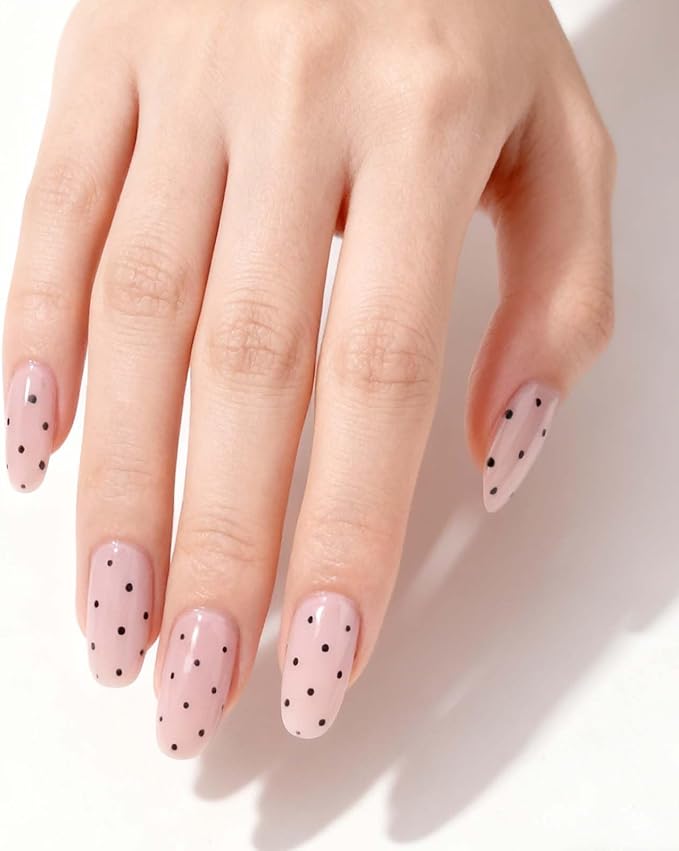 Semi Cured Gel Nail Strips - Black Polka Dot with Pink base, 20 Pcs DIY at Home Nail Art, UV/LED Lamp Required, Beginner Friendly & Salon Quality Manicure