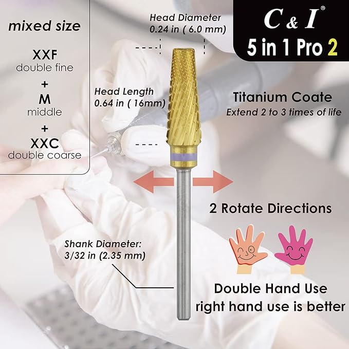 C & I 5 in 1 Nail Drill Bit, Mixed Sizes Edition, Cross Teeth, 2 Way, Professional Multi-function Nail Drills for Electric Manicure Drill Machine, Shank 3/32” (Pro2)