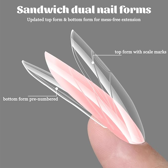 Sandwich Dual Nail Forms for Builder Gel, 180PCS Nail Forms with Brush Pen File Polygel Extension Tools Kit Top & Bottom Dual Form System Guide Lines Tips Professional Manicure Supply (Almond)