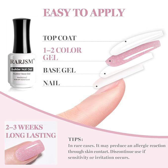 RARJSM Nude Rosy Mauve Pink Rainbow Glitter Rubber Base Coat Gel Nail Polish Natural Skin Tone Iridescent Shimmer Brush on Extend Jelly Gelpolish Curing Requires 15ml Salon Home French Manicure
