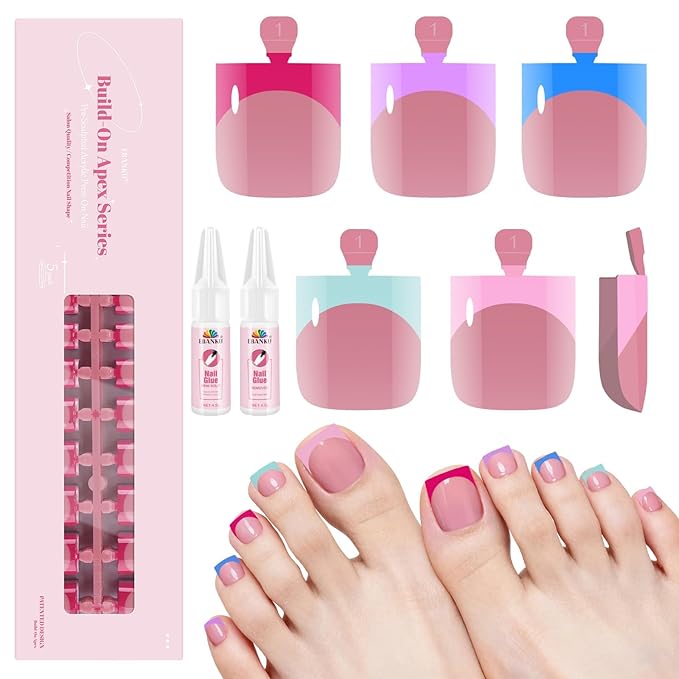 Toe Press On Nails French Tip, EBANKU 150 Pcs Pink Red Blue Purple Light Green Toe Nail Tips Press On Toenails Fake Toe Nail with Nail Glue for Women Nails DIY Salon Home 15 Sizes