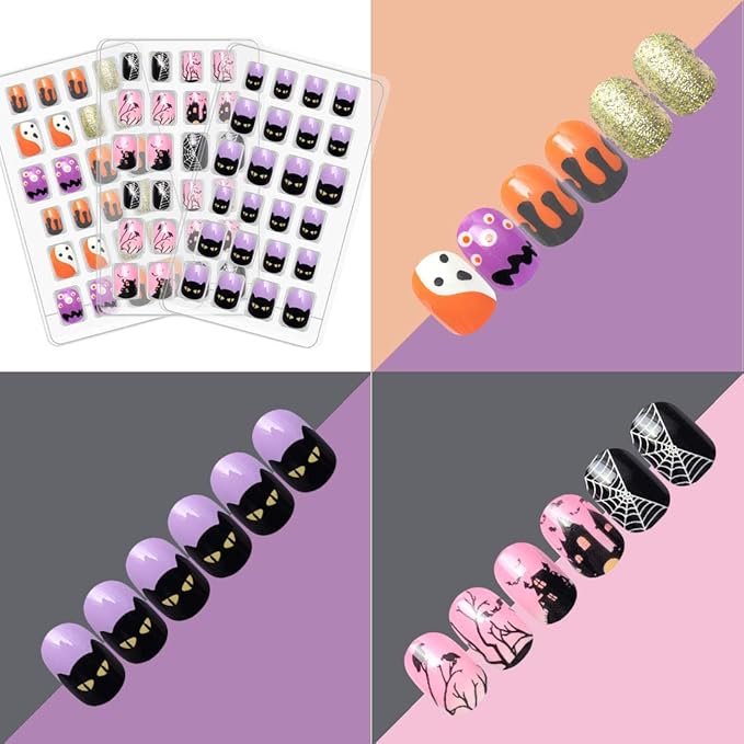 Allstarry Kids Halloween Nails, 120pcs 5pack Children Press on Nails Pre-glue Full Cover Glitter Gradient Color Rainbow Short False Nail Kits Halloween Gifts for Kids Little Girls Nail Art Decoration