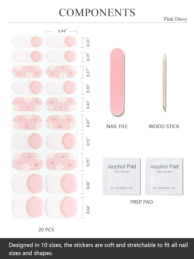 Semi Cured Gel Nail Strips (Pink Daisy), French, 20 Pcs Gel Nail Wraps, Stickers, UV Light Required, Salon Quality, Long Lasting