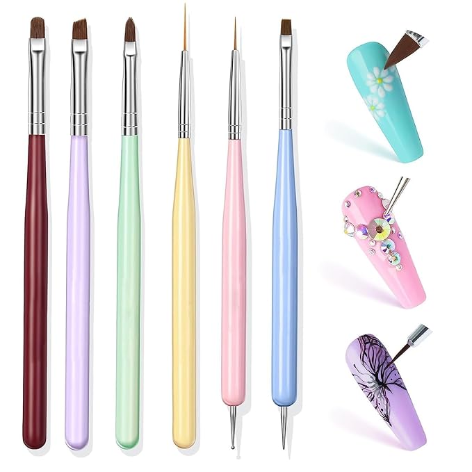 6PCS Nail Art Brushes Set - Professional Nail Design Kit with Gel Polish Brush, Liner, Dotting Tools & Dual-Ended Brushes for Acrylics, French Tips, DIY Manicure Gifts for Beginners/Artists