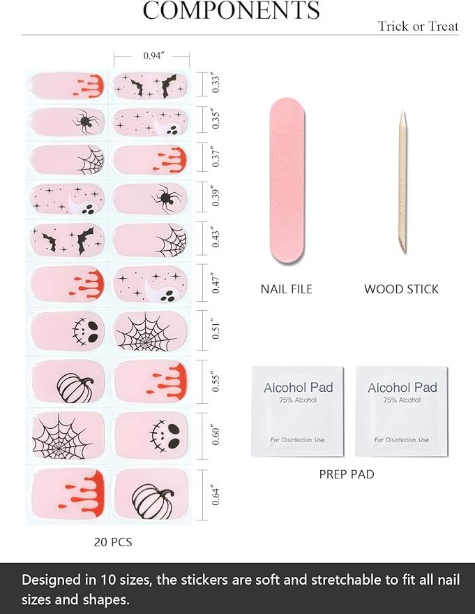 Semi Cured Gel Nail Strips (Trick or Treat), Halloween, Bat Skull Pumpkin, 20 Pcs Pink Gel Nail Wraps, Stickers, Salon Quality, Works With Any UV Lamps