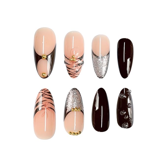 Long Press on Nails Almond Fake Nails Brown Acrylic Nail Press ons French with 3D Floral Designs Stick on Nail for Women 24pcs