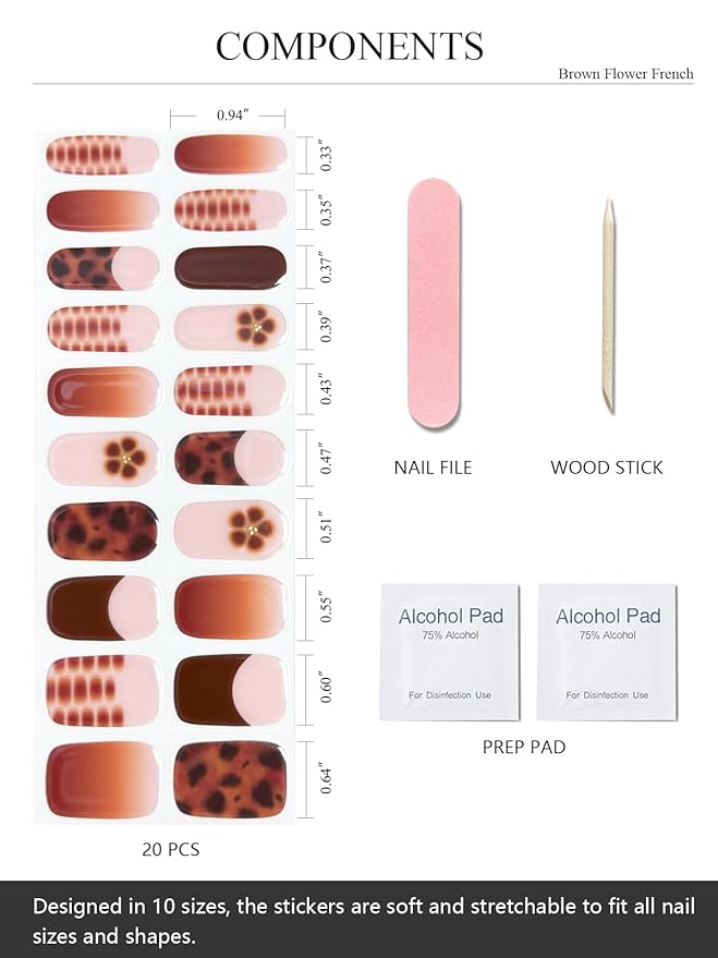 Semi Cured Gel Nail Strips (Brown Flower French), 20 Pcs Fall Gel Nail Wraps, Stickers, UV Light Required, Salon Quality, Long Lasting