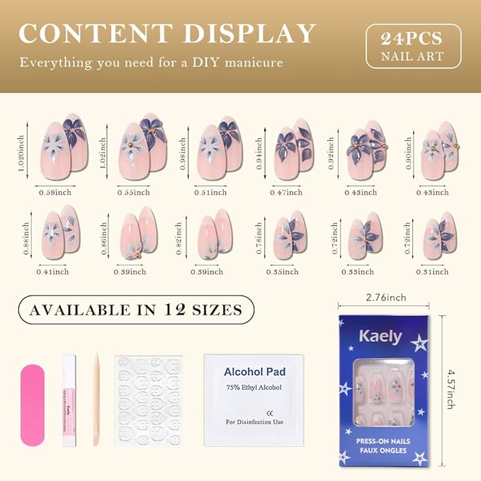 3D Press on Nails Short Almond with Blue Flower Design, Pink Nail White Tip Press ons Glossy Stick on Nails for Women with Kit, Reusable Soft Gel Stick on Cute Fake Nail with Designs Perfectly Fit