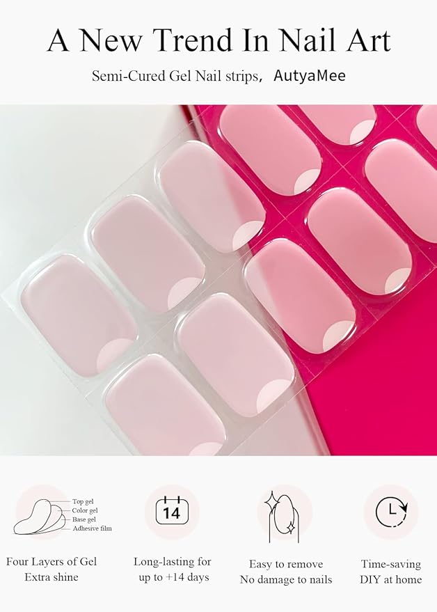 Semi Cured Gel Nail Strips (Natural Pink), Sheer, 20 Pcs Gel Nail Wraps, Stickers, UV Light Required, Salon Quality, Long Lasting