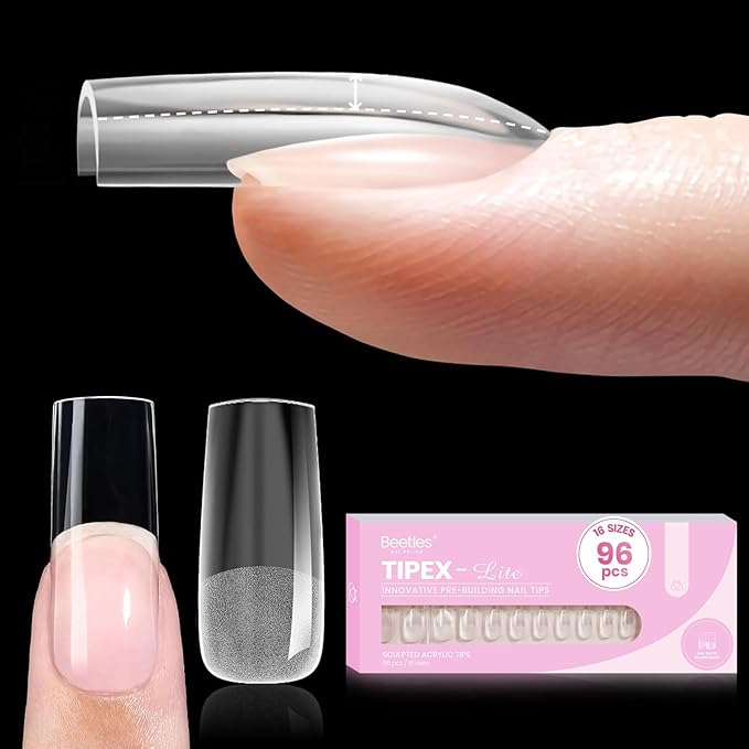 Beetles Tipex Lite Instant Apex Nail Tips, Medium Square, 16 Sizes | 00–14, Built-in Apex Acrylic Tips for Flat & Natural Nail Beds, Beginner-Friendly Easy DIY Nail Extensions