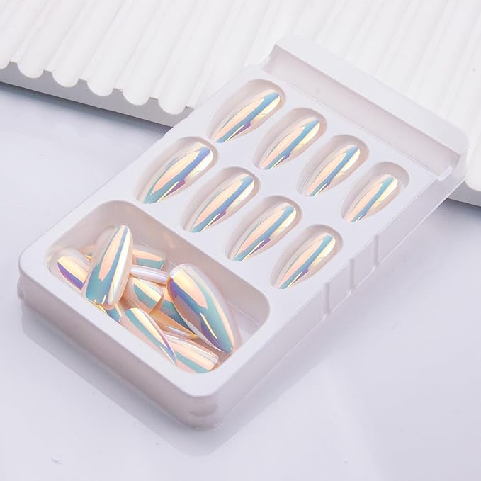 Almond Press on Nails White Chrome Fake Nails Glossy Pearl Powder Acrylic Nails Metal Mirror False Nails Press ons Medium Full Cover Holographic Glue on Nail for Women Girls Manicure 24Pcs