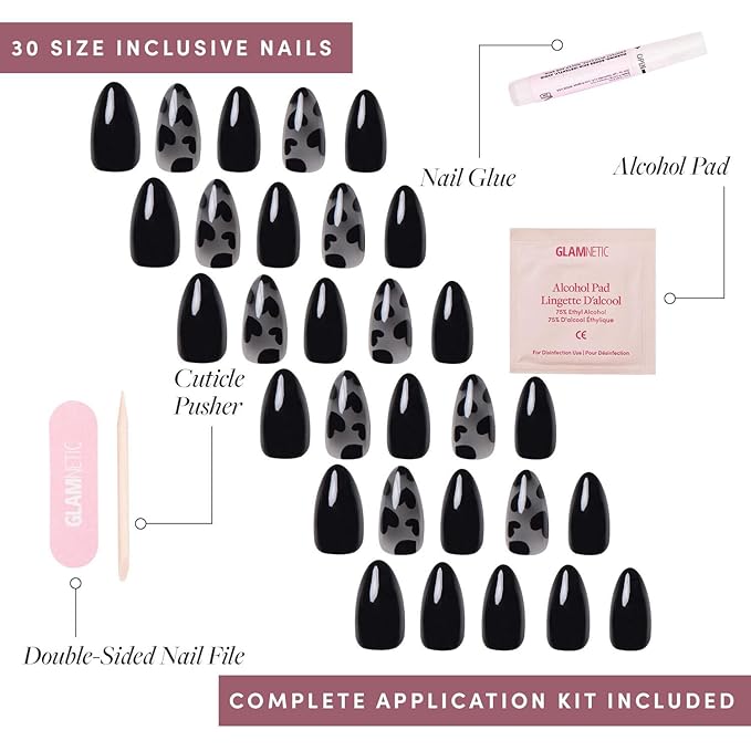 Valentines Day Glamnetic Press On Nails - Love Me Not | Opaque, Semi-transparent, Glossy Black Heart Nails, Salon Quality | 15 Sizes - 30 Nail Kit with Glue