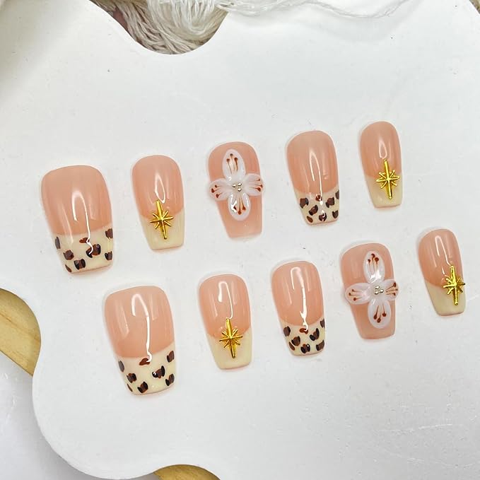 Handmade Press on Nails French Tip Leopard Print Press on Nails Short Coffin Fake Nail Designs Flower False Nails Full Cover Artificial Acrylic Glue on Nails for Women Girls Stick on Nails (Size S)