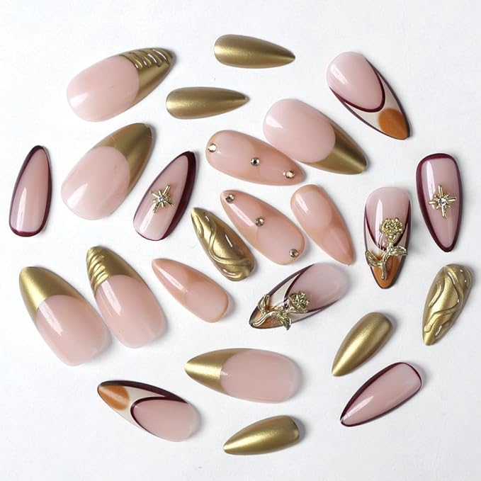 Gold French Tips Press on Nails - Medium Almond Fake Nails - Star Rose Charm Design Rhinestone Glue on Nails - 3D Water Ripple False Nail Glossy Summer Stick on Nail for Women Manicure 24Pcs