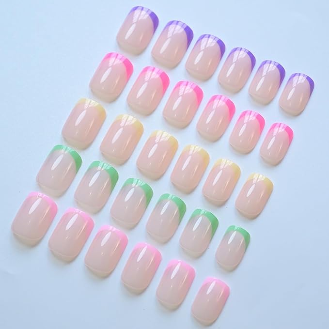 240Pcs French Tip Press On Nails Short Square Fake Nails Press Ons Set Full Cover Acrylic Glue on Nails Reusable Glossy Artificial Nail Kit False Nails for Women Girls Manicure 12 Color