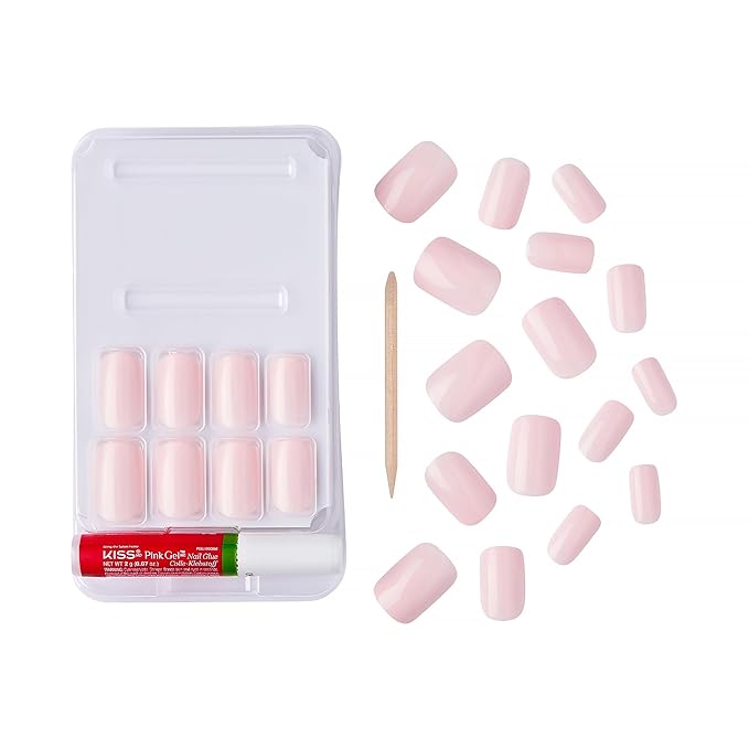 GoldFinger False Nails Kit, Ready to Wear Natural Pink Fake Nails, Manicure Stick and Glue Included, Medium Squavol Shape, Long-Lasting Hottest Trend Glue on Nails, Convenient & Easy to Apply