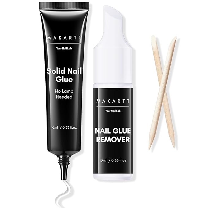 Makartt Nail Glue with Remover - No Lamp Needed 10ml Semi Solid Nails Glue for Press-Ons, Acrylic False Tips, Soft Gel, and Toenails, Easy Removal