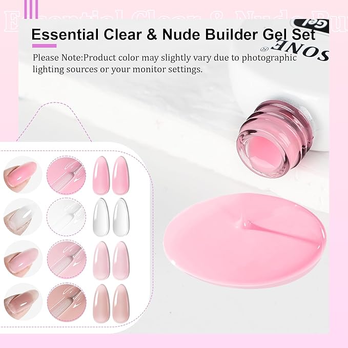 JODSONE Builder Gel for Nails,10ml 4Pcs Builder Gel Set Jelly Pink Nude White,for Nail Extension Strengthening & Thickening Solution,Long Lasting U V Light Cure