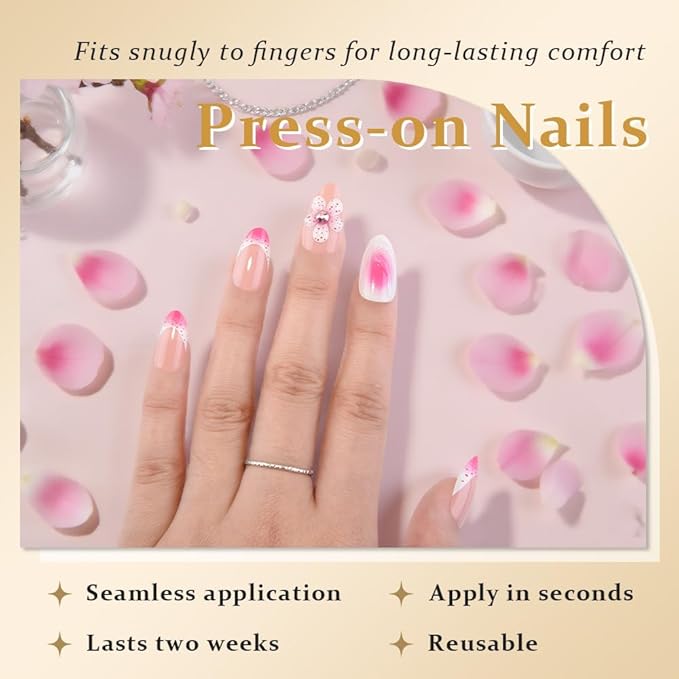evpct 3D Flower French Tip Press on Nails Short Almond, Nude Pink White Glossy Fake Nails with Peach Flower & Rhinestones Designs, Stick on Nails with Nail Kit, 24Pcs Reusable Stick on Nail Kit Women