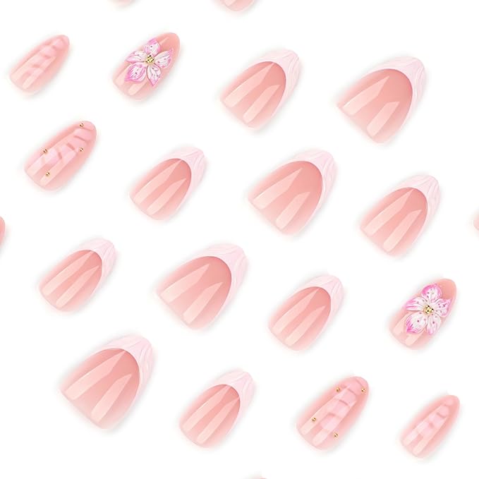 Press on Nails Almond - Short Fake Nails with Flower Design - Pink, French Tip False Nails Press ons - for Women 24 Pcs