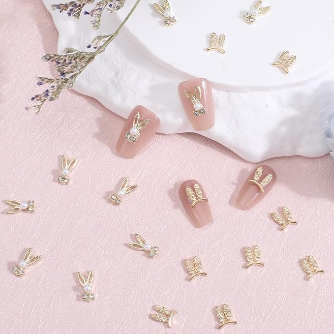 SUNNYCLUE 1 Box 60Pcs Bunny Nail Charms Bulk Mini Small Golden Rabbit Flatbacks Easter Nail Charms Pearl Beads Gems Nail Art Rhinestones Animal Nail Charms for Acrylic Nails Finger Nail Decoration