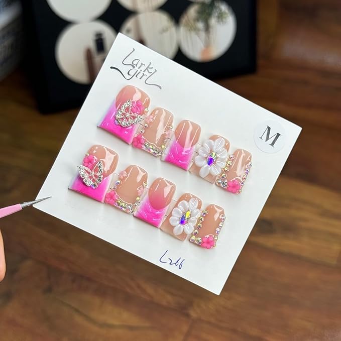 French Tip Press on Nails Handmade Short Duck 3D Flower Thick Acrylic Nails Pink False Nails with Butterfly Floral Rhinestones Designs Elegant Glossy Fake Nail Sturdy Art Press on Nail 10Pcs(S)