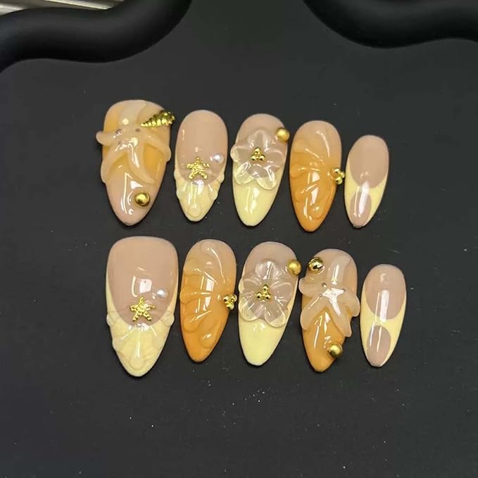 10Pcs Handmade Almond Press On Nails Medium Fake Nails 3D Starfish With Flower Design French Tip False Nails Glossy Summe Floral Acrylic Artificial Stick On Nail For Women(SIZE:M)