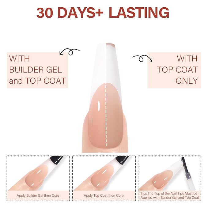 AILLSA French Gel Nail Tips, 180 Pcs French Tip Press On Nails Long Coffin Brown, Pre-Applied Primer & Base Coat, No Need File, Soft Nail Tips, Fake Nails for Nail Art DIY 15 Sizes