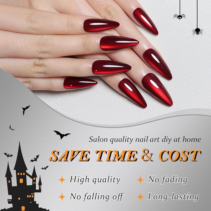 evpct Dark Red Cat Eye Press on Nails Almond Long, Soft Stick on Nail Long Almond for Women Gift, Bloond Red Metallic Glitter Soft Gel Reusable Press on Acrylic Fake Nail with Designs
