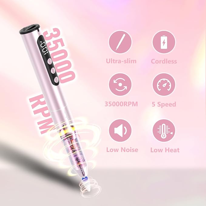 Electric Nail Drill Cordless, 35000RPM Portable Electric Nail File with LCD Display and 12 Nail Drill Bits for Acrylic & Gel Nails, Professional Manicure & Pedicure Kit Set Pink