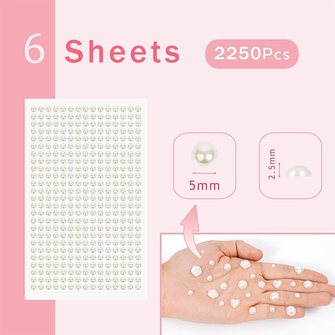 2250PCS Pearl Stickers Pearls for Crafting - Self Adhesive Pearls for Hair Face Makeup Eye Nail Crafts, Stick On Gems (6 Sheets, 5mm Round)