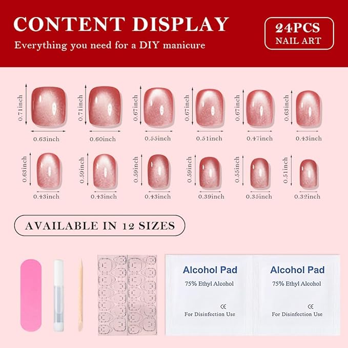 evpct Pink Cat Eye Extra Short Press on Nails Square, Petite Short Square Stick on Nails for Women Gift, Red Nude Pink Metallic Glitter Glossy Reusable Soft Gel Press on Acrylic Fake Nail with Design