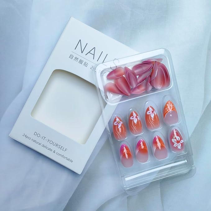 30Pcs Medium Almond French Tip Fake Nails with 3D Pink Flower Design, Glossy Pink Yellow Gradient, Acrylic, Full Cover, 24 Pcs