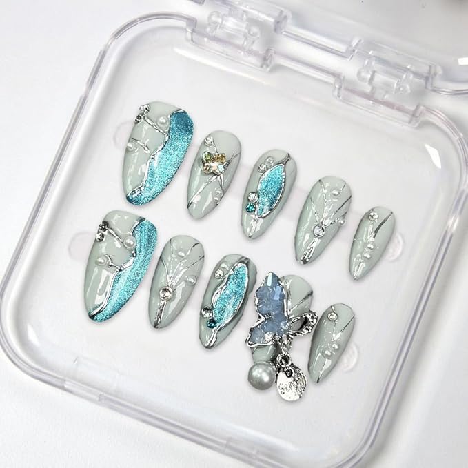 Almond Handmade Press on Nails Blue Glitter Acrylic Nails with 3D Irregular Pendant Design Nature Handmade Pearl Rhinestone Embossed Fake Nails Reusable Muti-Layer Gel Stick on Nails for Women (S)