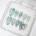 Almond Handmade Press on Nails Blue Glitter Acrylic Nails with 3D Irregular Pendant Design Nature Handmade Pearl Rhinestone Embossed Fake Nails Reusable Muti-Layer Gel Stick on Nails for Women (M)