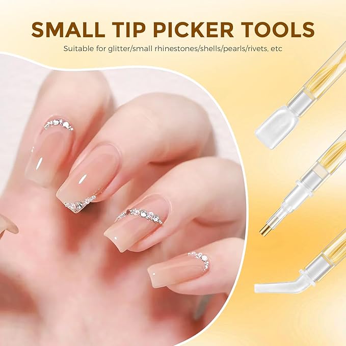 Rhinestone Picker Tool Kit: 2Pcs Rhinestone Applicator Handle, Dual-Ended Bedazzling Tools Pen with 12 Upgraded Plastic Replacement Tips, Clay for DIY Nail Art Craft (Yellow)