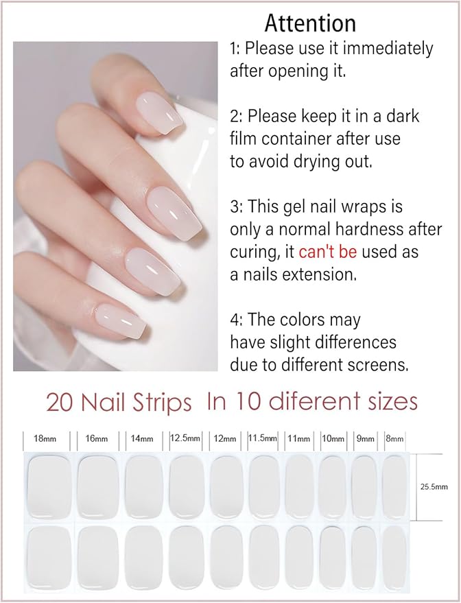 UV Gel Nail Stickers, Milky 20pcs Semi Cured Gel Nail Strips, Wraps for Home Manicure DIY