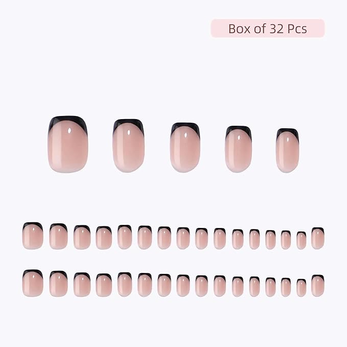 Press On Nails - Eclipse | Black French Tip, UV Finish Short Square Nails, Reusable | 32 Nails, 16 Sizes Kit with Glue and Adhesive Tabs I Female Founded