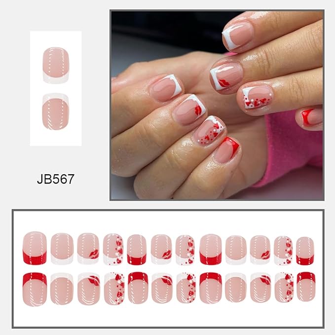 24Pcs Heart Press on Nails Valentines Day French Tip Fake Nails Short Square Petite Acrylic Nails with Heart Red Lips Design Valentines Glue on Nails Glossy Artificial False Nails for Women and Girls