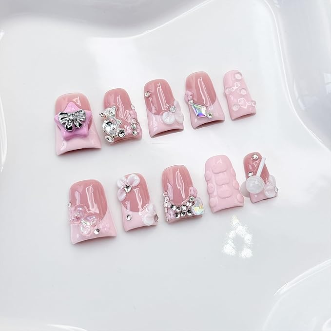 Handmade Duck Press on Nails Short French Nails with Glue,Muti-Layer Gel 3D Flower Art Fake Nails with Luxury Gems Bow Design Light Pink Acrylic Nail Reusable Nature False Nails for Wome (Size S)
