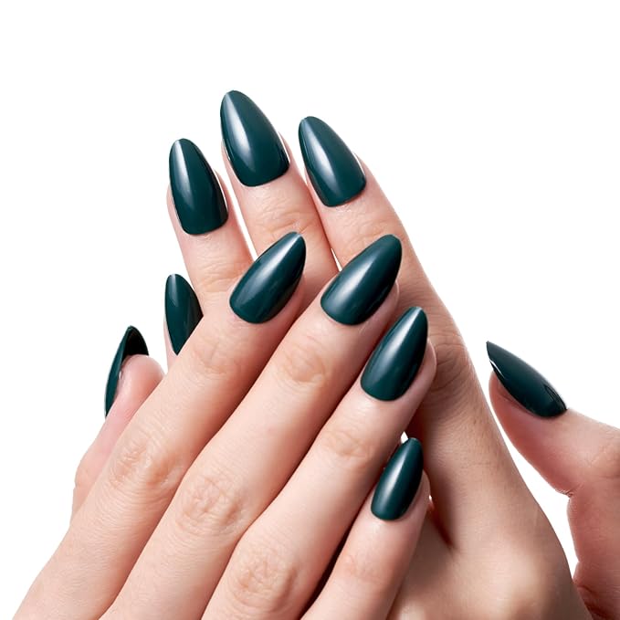 GLAMERMAID Dark Green Press On Nails Short Almond, Pure Deep Green Handmade Soft Jelly Gel Fake Nails, Glossy Round Oval Stick Glue on Nails Manicure Kit for Women, Reusable Acrylic False Nail Set