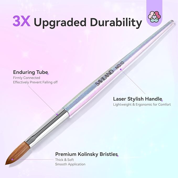 SAVILAND Kolinsky Acrylic Nail Brush: Size 10 Kolinsky Hair Professional Acrylic Brush for Nails Art Extension & Acrylic Powder Application, Blue Aurora Glitter Nail Brush Salon-Grade Manicures Home