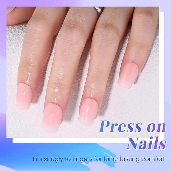 Pink White Ombre Press on Nails, Short Square Acrylic Fake Nails Design, Natural Reusable Nails Kit for Women DIY False Nail Art Decoration Gift, Salon Quality Reusable 15/30 Pcs