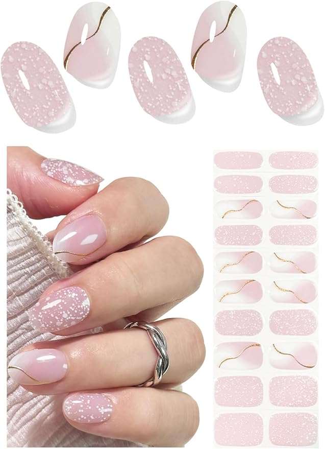 UV Gel Nail Stickers, Pink Strips 20pcs Semi Cured Gel Nail Strips, Wraps for Home Manicure DIY