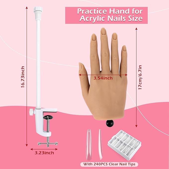 LIONVISON Practice Hand for Acrylic Nails, Silicone Nail Hand Practice, Flexible Fingers Fake Training Hand False Mannequin Hands for Nail Practice, Hand Model Kit for Nail Supplies Manicure Beginners