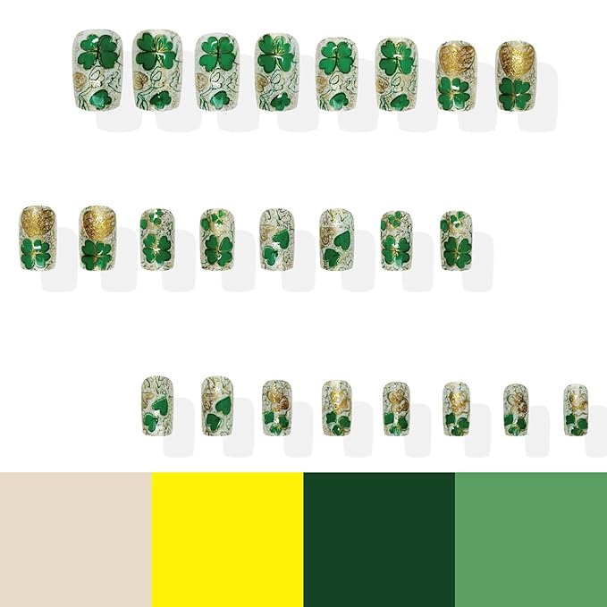 24Pcs St. Patrick's Day Press on Nails Medium Square Fake Nails Shamrock False Nail Gold Glitter Design Spring Artificial Fingernails Lucky Four-Leaf Clover Stick on Nail for Women